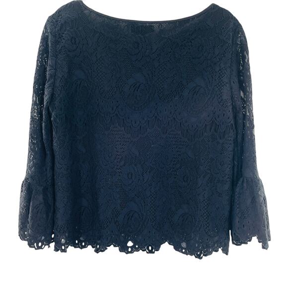 ADRIENNE VITADINI Black Lace Ruffle Bell Sleeve Scoop Neck Crop Top Blouse S - Picture 3 of 12